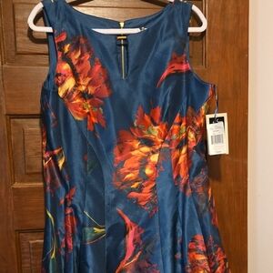 Chic Blue and Red Dress with Vibrant Floral Design